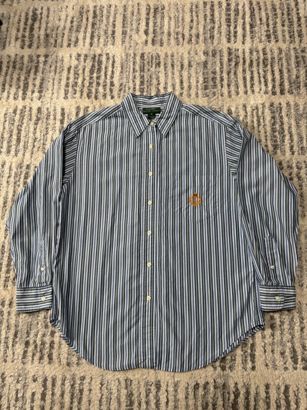 Women’s Lauren Ralph Lauren Blue/Green/White Stripe Button-Down Shirt-Size 14